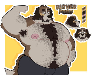 4_fingers anthro arm_hair arm_tuft armpit_hair barazoku beard belly belly_hair big_belly big_muscles big_nipples big_pecs body_hair bottomwear brown_body brown_fur chest_hair clothed clothing eyebrows eyewear facial_hair fingers flexing flexing_bicep fur glasses hair hairy long_ears male multicolored_body multicolored_fur musclegut muscular muscular_male mustache neck_tuft nipples overweight overweight_anthro overweight_male pants pecs raised_arm solo tail text thick_eyebrows thick_thighs topless tuft crococola rutherford_(crococola) canid canine canis domestic_dog mammal molosser mountain_dog saint_bernard character_name model_sheet