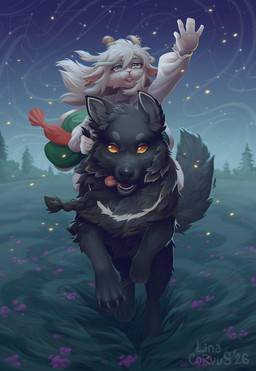 ambiguous_gender anthro biped claws clothed clothed_anthro clothed_female clothing duo feet female feral fingers front_view fur hair horn night outside plant sky smile star tail teeth toes tongue tree lina_corvus orin_(shadycrafts) varg_(shadycrafts) bovid canid canine canis caprine goat mammal wolf 2026 digital_drawing_(artwork) digital_media_(artwork) hi_res