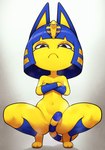 anthro biped blue_hair breasts convenient_censorship covering covering_breasts covering_crotch covering_self crouching female hair looking_at_viewer multicolored_body nude pupils solo spread_legs spreading tail tail_censorship thick_thighs yellow_body loodncrood animal_crossing nintendo ankha_(animal_crossing) domestic_cat felid feline felis mammal hi_res