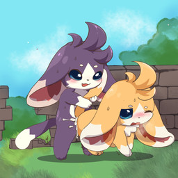 anthro blue_eyes blue_sky blush bodily_fluids chibi claws cloud crying cum cum_in_vagina cum_inside duo female fur genital_fluids genitals grass male male/female pawpads paws penetration penile penile_penetration penis plant purple_body purple_fur sex sky tail tears teeth tree vaginal vaginal_penetration vulva yellow_body yellow_fur roco_kingdom unknown_species 1:1 hi_res