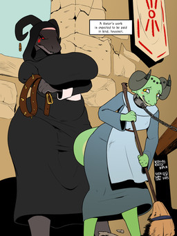 angry anthro apron belt big_breasts blush bodily_fluids breasts chained_collar clothing duo female female/female ferusia_(radicalraccs) huge_breasts nun nun_habit religious_clothing spiked_belt spikes sweat sweeping window radicalraccs ashy_(koboldthiefashy) hi_res