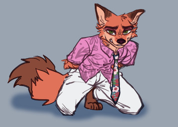 accessory anthro bottomwear bound clothed clothing fur hands_behind_back hands_tied hands_tied_behind_back looking_at_viewer male necktie pants shirt simple_background solo tail text topwear jolyn_foxxo disney zootopia nick_wilde canid canine fox mammal red_fox true_fox digital_media_(artwork) hi_res redraw