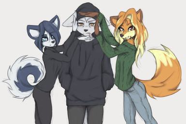 anthro arm_tuft black_nose blonde_hair blue_eyes bottomwear breasts brown_eyes butt cheek_tuft cigarette cigarette_in_mouth clothed clothing curled_tail denim denim_bottomwear denim_clothing dipstick_tail ear_piercing eyebrows eyelashes facial_tuft female freckled_face freckles frown fur furgonomics gloves_(marking) grey_background grey_body grey_eyebrows grey_fur group hair hair_over_eye hand_in_pocket hat headgear headwear hoodie jeans long_hair looking_at_viewer male markings multicolored_body multicolored_fur multicolored_hair object_in_mouth off_shoulder one_eye_obstructed orange_body orange_eyebrows orange_fur orange_hair pants piercing pockets short_hair simple_background slim smile standing sweater tail tail_markings toothy_smile topwear tuft two_tone_body two_tone_fur two_tone_hair yellow_body yellow_fur tinygaypirate eli_(tinygaypirate) jinny_(tinygaypirate) suvi_(tinygaypirate) canid canine canis domestic_dog fox husky mammal nordic_sled_dog red_fox spitz true_fox 2023 hi_res portrait three-quarter_portrait