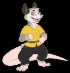 ambiguous_gender anthro barefoot belt biped claws clothed clothing feet fur long_tail open_mouth open_smile pink_ears scouter simple_background smile solo tail teeth toe_claws transparent_background chibity american_opossum mammal marsupial virginia_opossum 2017 alpha_channel