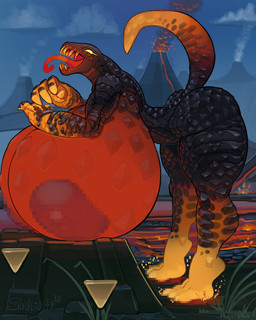 anthro areola big_breasts biped breasts censored_feet censored_nipples cloud female huge_breasts hyper hyper_breasts lava nipples nude open_mouth outside paws raised_tail smoke solo spherical_breasts tail text tongue tongue_out volcano snao turok scalie 2025 censored dated digital_media_(artwork) english_text hi_res signature