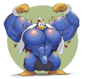 anthro balls big_balls big_muscles big_pecs bulge clothing genitals gloves handwear huge_muscles male muscular muscular_arms pecs penis satisfied simple_background smile solo speedo swimwear toony torn_clothing sea_pupper kirby_(series) nintendo king_dedede avian bird penguin absurd_res hi_res