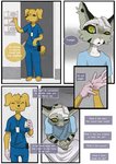 anthro bandage bird_dog black_spots brown_eyes brown_nose canid canine canis clothed clothing clouded_leopard comic dialogue digital_media_(artwork) doctor domestic_dog duo english_text eyes_closed felid female fingers floppy_ears fur glove_snap gloves golden_retriever grey_body grey_fur grimart handwear hospital hunting_dog jonesy_hoovus_(grimart) mammal markings medical_gloves open_mouth pantherine paranoid pink_nose retriever scared schizophrenia simple_background sitting smile speech_bubble spots spotted_body spotted_fur stressed text topwear