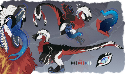 animal_genitalia back_spikes black_body blue_eyes blue_pawpads blue_penis claws cloaca cloacal_penis eyebrow_piercing facial_piercing feathers feet feral forked_tongue genital_piercing genitals grey_body hindpaw knot knotted_penis long_tongue male mouth_on_neck mouth_shot nose_piercing open_mouth pawpads paws penis penis_piercing piercing red_body solo spiked_penis spikes spikes_(anatomy) teeth teeth_showing toe_claws tongue tongue_out tongue_piercing white_body owishka dinosaur dromaeosaurid feathered_dinosaur feathered_scalie prehistoric_species reptile saurischian scalie theropod hi_res model_sheet