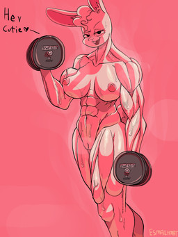 abs anthro big_breasts bodily_fluids breasts buckteeth dialogue exercise female genitals holding_object looking_at_viewer muscular muscular_anthro muscular_female musk navel nipples nude nude_workout plump_labia solo sweat talking_to_viewer teeth text thick_thighs three-quarter_view vulva weightlifting weights white_body workout smashmat carra lagomorph leporid mammal rabbit 3:4 english_text hi_res portrait three-quarter_portrait