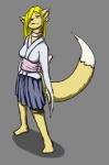 anthro barefoot bell_ear_ring biped blonde_hair bottomwear choker clothing emfarin feet female green_eyes grey_background hair jewelry long_hair looking_at_viewer multi_tail necklace simple_background skirt solo tail dsurion kiima_yuki canid canine fox mammal low_res