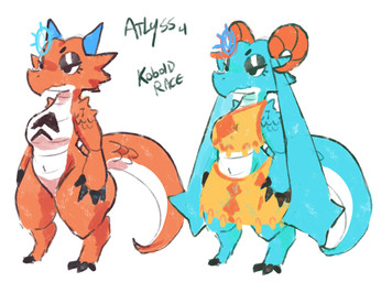 anthro biped blue_body bottomwear breasts clothed clothing duo featureless_breasts featureless_crotch female half-closed_eyes horn markings midriff multicolored_body narrowed_eyes navel nude red_body standing thick_thighs topwear two_tone_body white_body wide_hips kiseff atlyss kobold scalie hi_res
