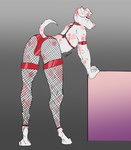 anthro balls_outline bent_over bulge butt clothing collar detailed_bulge fishnet_clothing fishnet_legwear genital_outline legwear male solo suggestive undressing clion canid canine canis dalmatian domestic_dog mammal hi_res