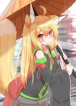 5_fingers ahoge amber_eyes blonde_hair blush brown_body brown_fur clothed clothing cute_fangs dipstick_ears dipstick_tail ear_markings fangs female female_humanoid fingers fluffy fluffy_tail fur hair holding_object inner_ear_fluff long_hair looking_at_viewer markings multicolored_ears multicolored_tail outside raining smile smiling_at_viewer solo tail tail_markings teeth tuft umbrella water white_body white_fur yellow_body yellow_fur horokusa0519 korai_(horokusa) animal_humanoid canid canid_humanoid canine canine_humanoid fox_humanoid humanoid mammal mammal_humanoid 2021 digital_media_(artwork) hi_res