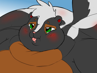 belly belly_expansion big_belly big_butt black_body black_fur blush blush_lines body_blush brown_body brown_eyebrows brown_fur butt butt_blush butt_expansion drippy_tongue expansion eyebrows fur green_eyes hair huge_belly huge_butt hyper hyper_belly hyper_butt neck_rolls tongue tongue_out white_body white_fur white_hair woozy alvro skunny_(alvro) mammal mephitid skunk 2025 4:3 digital_media_(artwork) hi_res