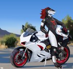 anthro barefoot clothed clothing ear_piercing ear_ring feet female knee_pads motorcycle motorcycle_helmet outside piercing ring_piercing solo vehicle aviesergal sheza sergal absurd_res hi_res