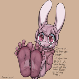 anthro bodily_fluids demanding feet foot_fetish happy male sex silly smelly smelly_feet solo sweat sweaty_feet text toes goon nomibuni nomibun_(nomibuni) lagomorph leporid mammal rabbit 1:1 absurd_res english_text hi_res