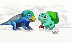 2017 3_claws 3_toes 4_claws 4_toes ambiguous_gender artist_name beak black_eyes black_text blue_body blue_tail brown_eyes bulb bulbasaur bulbasaurus_(genus) bulbasaurus_phylloxyron claws closed_smile colored dated dicynodont digital_drawing_(artwork) digital_media_(artwork) duo elemental_creature eye_contact fangs feet feral flora_fauna front_view generation_1_pokemon green_markings green_spots hi_res jono_april looking_at_another markings mouth_closed nintendo open_mouth open_smile pink_tongue plant pokeball pokemon pokemon_(species) prehistoric_species pupils quadruped same_name shadow side_view signature smile smiling_at_another spots standard_pokeball tail teal_body teeth text three-quarter_view toe_claws toes tongue white_pupils yellow_beak