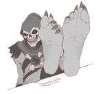 5_toes barefoot bone claws clothed clothing feet foot_focus humanoid_feet looking_at_viewer male not_furry paws plantigrade sitting skull soles solo toe_claws toes kredri masters_of_the_universe mattel he-man skeletor humanoid undead