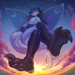 3_toes 4_arms 4_wings antennae_(anatomy) anthro areola black_arms black_hair black_legs black_sclera breasts cloud feet female female_anthro floating fur hair hand_on_head looking_at_viewer low-angle_view macro_anthro macro_female medium_breasts multi_arm multi_limb multi_wing nipples non-mammal_areolas non-mammal_breasts non-mammal_nipples nude nude_anthro nude_female pink_eyes purple_antennae purple_areola purple_body purple_fur purple_nipples purple_tail purple_wings sky solo star sun sunset tail toes white_body white_breasts white_fur white_wings wings worm's-eye_view admiralobster octavia_darkstar_(davjo) arthropod insect lepidopteran moth absurd_res hi_res