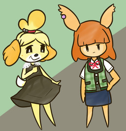 alternate_costume anthro bangs bell_hair_tie bent_arm black_clothing black_dress black_eyes black_nose blonde_hair blue_bottomwear blue_clothing blue_skirt bottomwear bow_tie brown_hair button_(fastener) clothed clothed_anthro clothed_female clothing clothing_swap dipstick_tail dress duo ear_piercing featureless_legs female floppy_ears fluffy_ears fully_clothed fully_clothed_anthro fully_clothed_female fur green_clothing green_topwear green_vest hair hand_on_hip hand_on_own_hip light long_ears lop_ears markings medium_hair mitten_hands multicolored_hair noseless orange_ears orange_hair piercing pockets pupils purple_ear_piercing red_bow_tie red_hair_tie shirt simple_background skirt smiling_at_self tail tail_markings tan_body tan_fur topwear two_tone_hair vest white_clothing white_pupils white_shirt white_tail_tip white_topwear cookieboy011 animal_crossing drawn_to_life nintendo circi_(drawn_to_life) isabelle_(animal_crossing) canid canine canis domestic_dog mammal raposa shih_tzu toy_dog 2018 colored crossover digital_drawing_(artwork) digital_media_(artwork) english_description lighting shaded