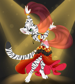 anthro bottomwear breasts claws clothed clothing dancing female fur green_eyes hair midriff navel pink_nose skirt small_breasts solo striped_body striped_fur stripes tail toe_claws white_body white_fur white_hair young young_female firefly8083 aruna_bassi felid mammal pantherine tiger 2016