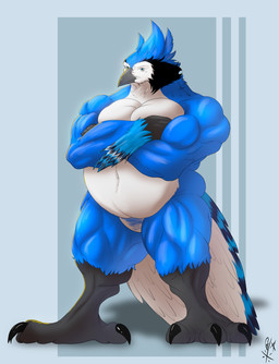 anthro blue_body blue_feathers feathers feet male musclegut muscular muscular_legs nude pecs solo talons toes ghstaquila avian bird blue_jay corvid jay_(bird) new_world_jay oscine passerine absurd_res hi_res