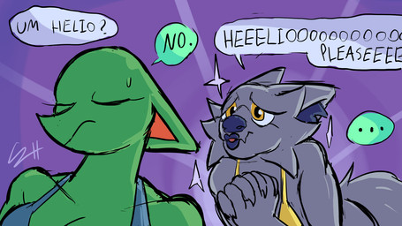 anthro begging bikini blue_clothing blue_swimwear breasts cleavage clothed clothing dialogue duo eyes_closed female fur gold_bikini green_body green_fur grey_body grey_fur grey_inner_ear_fluff grey_lips grey_lipstick grey_nose inner_ear_fluff lips male pleading_eyes speech_bubble stubborn swimwear text tuft two-piece_swimsuit yellow_eyes biscotti5000 helio_(biscotti5000) nyx_(biscotti5000) canid canine canis fox mammal wolf 16:9 english_text hi_res widescreen