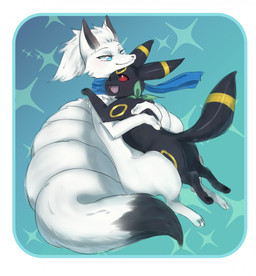 ambiguous_gender black_body blue_eyes blue_scarf dipstick_tail duo feral feral_on_feral hug markings multi_tail pawpads red_sclera scarf simple_background smile sparkles tail tail_markings white_body oko-san nintendo pokemon fir_(youtuber) eeveelution generation_1_pokemon generation_2_pokemon ninetales pokemon_(species) umbreon 2014 digital_media_(artwork) hi_res male_(lore)