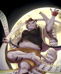 anthro band-aid bandage belly blue_eyes bottomwear clothing fur humanoid_hands kemono male moon navel overweight overweight_male shirt shorts solo topwear white_body white_fur guadr lifewonders tokyo_afterschool_summoners licho_(tas) felid mammal pantherine tiger 2021 absurd_res hi_res