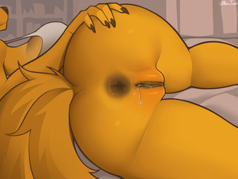 anthro anus anus_focus big_breasts big_butt bodily_fluids bottomless bottomless_anthro bottomless_female breasts butt clothed clothing female fluffy fluffy_tail fur genital_fluids genitals presenting presenting_hindquarters solo tail thick_thighs vaginal_fluids vulva wide_hips yellow_body yellow_fur dziero latte_(dziero) canid canine canis mammal wolf 2025 4:3 absurd_res hi_res