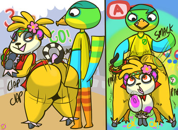 ahegao ambiguous_penetration anthro ass_clapping bedroom_eyes bent_over big_butt bouncing_breasts breasts bubble_butt butt butt_slap clothed clothing duo erect_nipples female half-closed_eyes heart_eyes heart_symbol hot_dogging looking_back looking_pleasured male male/female narrowed_eyes nipples penetration public public_sex seductive sex skimpy slap spank_marks spanking thick_thighs tongue tongue_out twerking upskirt wide_hips klutzatdusk animal_crossing instant_loss_2koma nintendo samba_de_amigo sega amiga jitters_(animal_crossing) tammi_(animal_crossing) avian bird haplorhine mammal monkey primate comic digital_media_(artwork)