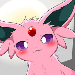 :3 >:3 ambiguous_feral ambiguous_gender black_inner_ear blush blush_lines feral forehead_gem front_view fur gem head_tuft kemono looking_at_viewer looming_over monotone_body monotone_fur pink_body pink_ears pink_fur pupils purple_eyes purple_pupils simple_background smile solo tuft ambilly_aniki nintendo pokemon eeveelution espeon felid feline generation_2_pokemon mammal pokemon_(species) 1:1 2026 absurd_res bust_portrait colored digital_media_(artwork) hi_res portrait