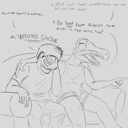 arm_around_partner bottomwear breasts clothing dialogue duo facepalm female furniture gesture hand_gesture male male_human on_sofa pants pointing scales sharp_teeth shirt shorts sitting sitting_on_sofa sofa t-shirt tank_top teeth text topwear heelipmo halo_(series) microsoft xbox_game_studios alien human kig-yar mammal ruuhtian scalie 1:1 absurd_res english_text hi_res line_art monochrome