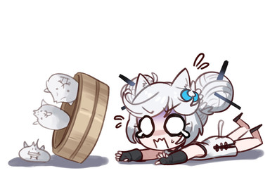accessory armwear asian_clothing bangs bodily_fluids chibi chinese_clothing clothing crying dropped dropping dumplings east_asian_clothing eyebrows eyelashes falling female food group hair hair_accessory hair_bun hairclip lying on_front on_ground open_mouth scared simple_background sweat sweat_emanata sweatdrop tail tears tripping twin_buns white_eyes white_hair white_tail ebora ponos_corp. the_battle_cats melusine_(fate) salvation's_daughter_lunacia animal_humanoid felid felid_humanoid feline feline_humanoid food_creature humanoid mammal mammal_humanoid digital_drawing_(artwork) digital_media_(artwork) hi_res