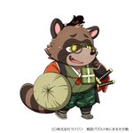 anthro brown_body brown_fur clothing eyewear fur glasses kemono male overweight overweight_anthro overweight_male robe simple_background solo text weapon white_background kinoshita-jiroh sengoku_puzzle matsudaira_hirotada canid canine mammal raccoon_dog tanuki 1:1 2020 japanese_text