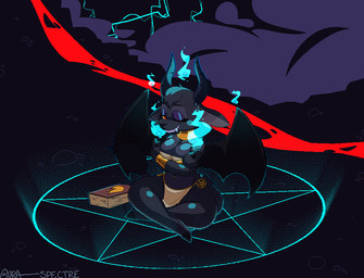 anthro bat_wings book bottomwear breasts cheek_tuft clothing cloud crossed_legs dark_body dark_fur electricity elemental_manipulation eyelashes eyes_closed eyeshadow facial_tuft fangs female fire fire_manipulation floppy_ears fluffy fluffy_tail fur glowing gold_(metal) gold_jewelry half-closed_eyes hooves horizontal_pupils horn jewelry lava lightning loincloth long_tail magic makeup membrane_(anatomy) membranous_wings narrowed_eyes navel navel_piercing occult_symbol one_eye_closed outside paper pentagram piercing pupils ring ritual rock shortstack sitting smile solo symbol tail tail_tuft teeth thick_eyelashes thick_thighs tuft volcano wide_hips wings wink ura-spectre ember_starwillow bovid calderian caprine demon goat mammal will-o'-the-wisp digital_media_(artwork) dithering