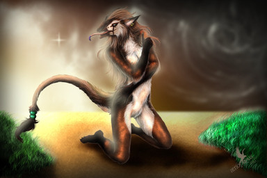 anthro biped blue_eyes breasts claws ear_piercing female fur genitals grass hair kneeling looking_at_viewer nipples nude open_mouth piercing plant solo tail teeth tongue vulva amorpheus isis_norika_han mammal sergal 2011 hi_res source_request