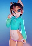 andromorph anthro black_hair blue_clothing blue_eyes blue_sweater blue_topwear clothing clothing_pull countershade_torso countershading cropped_sweater hair highlights_(coloring) intersex looking_at_viewer navel panties pawpads paws pink_clothing pink_panties pink_underwear red_highlights smile smiling_at_viewer solo standing sweater topwear underwear underwear_pull kaylafox kayla_(rysonanthrodog) canid canine fox mammal 2020 3d_(artwork) digital_media_(artwork) hi_res