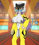 anthro areola big_breasts black_nipples breasts clothing erect_nipples female front_view fur generation_2_pokemon genitals grey_areola hand_on_hip hi_res humanoid legendary_pokemon legwear looking_at_viewer nintendo nipples nude nude_female pokemon pokemon_(species) pussy raikou red_eyes samrunner solo thick_thighs