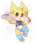 anthro blue_briefs blue_clothing blue_underwear blush bow_tie briefs chibi clothed clothing countershading cuffs_(clothing) emanata fur geometric_background head_tuft holding_object holding_pen holding_tray leg_warmers legwear looking_at_viewer male midriff navel one_leg_up pantsless pen raised_leg simple_background sleeveless_shirt solo straps suspenders topwear tuft underwear vest waiter white_body white_countershading yellow_body yellow_fur smite_(artist) league_of_legends riot_games tencent smite_(character) yordle hi_res