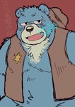 anthro belly black_nose blue_body clothing cowboy_hat hat headgear headwear kemono male overweight overweight_male scar solo text doromiez kumalino sanrio brew_(kumalino) bear mammal 2022 japanese_text translation_request