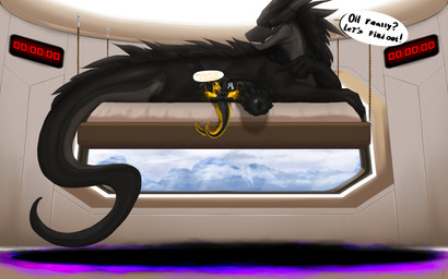 anthro black_body dialogue duo erection feral fur imminent_vore male size_difference spreading tail tail_motion tailwag timer willing_prey window yellow_body yellow_fur conditional_dnp olexafox mythology dergun gabriel_(gabriel1393) dragon furred_dragon furred_scalie mythological_creature mythological_scalie scalie absurd_res hi_res