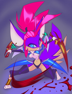 anthro blood blue_eyes bodily_fluids breasts clothed clothing dagger digitigrade ear_piercing female fur hair looking_at_viewer melee_weapon piercing pink_hair purple_body purple_fur skimpy solo weapon thefuckingdevil shyra_(dandei88) canid canine fox mammal hi_res
