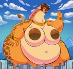 anthro areola belly big_belly big_breasts biped breasts building city claws cloud day female finger_claws front_view fur holding_object horn huge_breasts humanoid_hands long_neck macro multicolored_body multicolored_fur nipples nude obese obese_anthro obese_female orange_body orange_fur ossicone overweight overweight_anthro overweight_female paws sky solo standing tail tail_tuft text thick_thighs tuft two_tone_body two_tone_fur bjornn kubwa_kalua giraffe giraffid mammal 2021 colored digital_drawing_(artwork) digital_media_(artwork) english_text hi_res shaded
