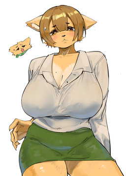 anthro big_breasts black_nose blonde_hair blush bottomwear breasts cheek_tuft cleavage clothed clothing collared_shirt crossgender dress_shirt eyebrows eyelashes facial_tuft female fur green_miniskirt hair huge_breasts inner_ear_fluff miniskirt mtf_crossgender shirt short_hair simple_background skirt solo thick_thighs topwear tuft white_background yellow_body yellow_fur maikamiaka tsukareta-inu_no_anime tsukareta-inu_(tsukareta-inu_no_anime) canid canine canis domestic_dog mammal 2026 absurd_res hi_res