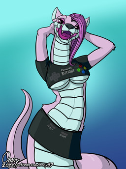 anthro apode bottomwear breasts clothing crop_top fangs female forked_tongue gamer_girl hair legless licking licking_lips pose purple_hair serpentine shirt skirt solo split_form teeth tongue tongue_out topwear under_boob omny87 microsoft playstation sony_corporation sony_interactive_entertainment xbox xbox_game_studios snerret_(omny87) sonata_(omny87) domestic_ferret draconcopode hybrid lamia mammal mustelid musteline reptile scalie snake true_musteline weasel hi_res pinup