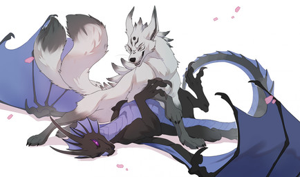 ambiguous_gender claws duo eye_contact feet feral fingers fur horn looking_at_another lying on_back simple_background smile tail teeth toes tongue wings drmax mythology aylaryn canid canine dragon fox mammal mythological_creature mythological_scalie scalie 2026 digital_drawing_(artwork) digital_media_(artwork) hi_res male_(lore)