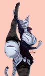 anthro big_breasts bottomwear breasts cleavage clothed clothing digitigrade female fur garter_straps genitals huge_breasts legwear looking_at_viewer no_underwear one_leg_up pawpads pussy raised_leg simple_background skirt smile solo stripes thick_thighs translucent wide_hips nagainosfw ready_player_one queen_of_cats felid mammal hi_res signature