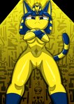 anthro barely_visible_areola blue_hair bob_cut breasts butt butt_from_the_front crossed_arms egyptian female frown fur genitals hair looking_at_viewer looking_down navel nude pussy solo standing under_boob wide_hips yellow_body yellow_fur kinkybird animal_crossing ankha_zone nintendo ankha_(animal_crossing) domestic_cat felid feline felis mammal hi_res meme