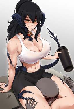 abs athletic athletic_female big_breasts black_hair bodily_fluids bottomwear bra breasts choker cleavage clothed clothing container cup duo female female_focus hair head_between_thighs horn jewelry male male/female midriff navel necklace shorts sports_bra sweat tail underwear yellow_eyes airisubaka final_fantasy final_fantasy_xiv square_enix animal_humanoid au_ra human humanoid mammal scalie scalie_humanoid 2024 absurd_res hi_res